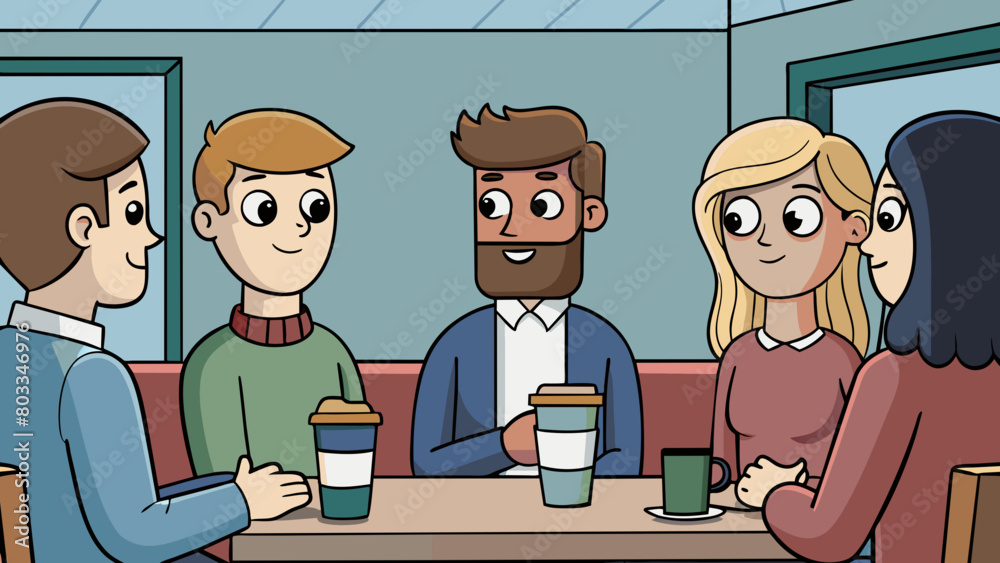Poster A group of friends are having a conversation at a coffee shop. Each person is listening intently to the speaker their eyes fixed on them and. Cartoon Vector