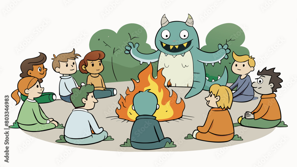Poster a group of friends huddle around a campfire sharing ghost stories and imagining the shadows in the t