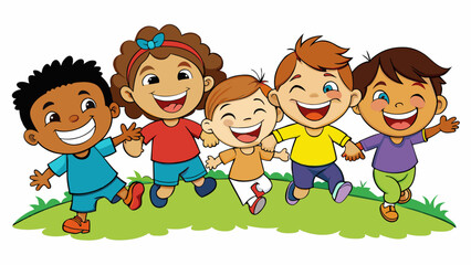 A group of children laughing and playing together in a field their faces beaming with joy and their movements full of vigor. Their carefree and lively. Cartoon Vector