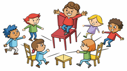 A group of children participate in a game of musical chairs where one less chair is available than the number of children. As the music plays they. Cartoon Vector