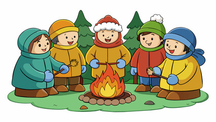 A group of friends sitting around a crackling campfire in a dense forest roasting marshmallows on long sticks. The fire casts a warm glow on their. Cartoon Vector