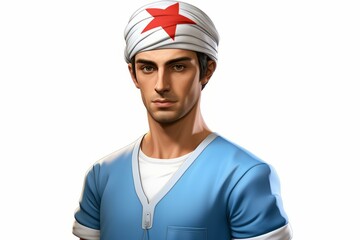 Fototapeta premium Portrait of a young male doctor wearing a white coat and a red turban