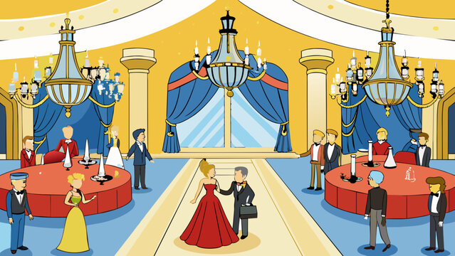 A grand ballroom is adorned with sparkling chandeliers and ornate tapestries the background of a lavish party where guests sashay in elegant gowns and. Cartoon Vector