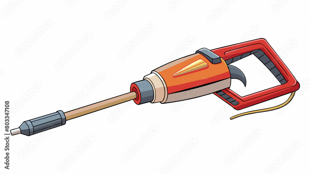 Aufkleber A handheld tool with a long narrow metal base and two pointed prongs on the end. It has a curved handle for gripping and a switch on the side to turn. Cartoon Vector