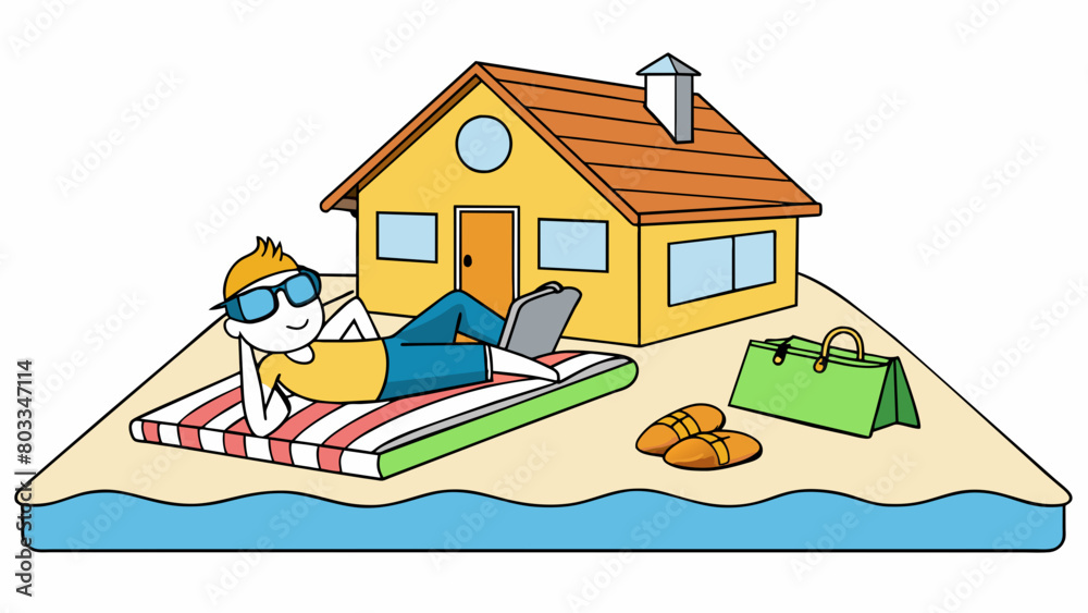 Poster a guest at a beach house rental relaxes on an oversized plush towel soaking up the sun and listening