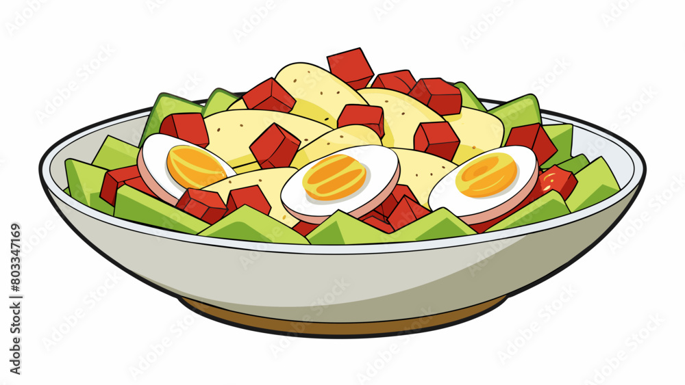 Aufkleber A hearty combination of diced red potatoes chopped hardboiled eggs and crispy bacon bits dressed with a creamy ranch dressing.. Cartoon Vector