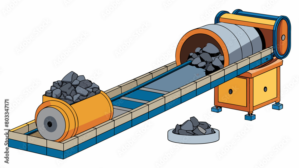 Poster a heavyduty conveyor belt that carries large rocks into a cylindrical machine. inside a spinning dru