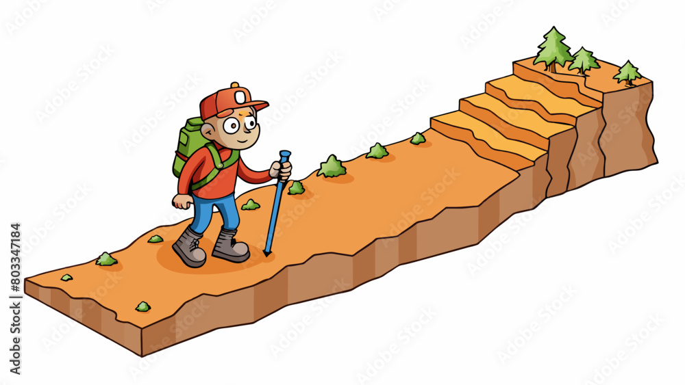 Poster a hiker trying to navigate a steep and rocky trail with no clear paths or markers. the terrain is tr