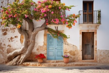 A beautiful Mediterranean house with a bougainvillea tree in front of it