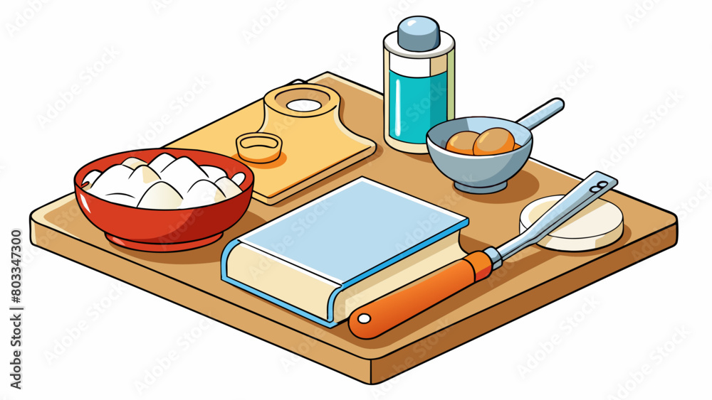 Poster a kitchen table with a ting board measuring cups and recipe book on it. there are also several ingre