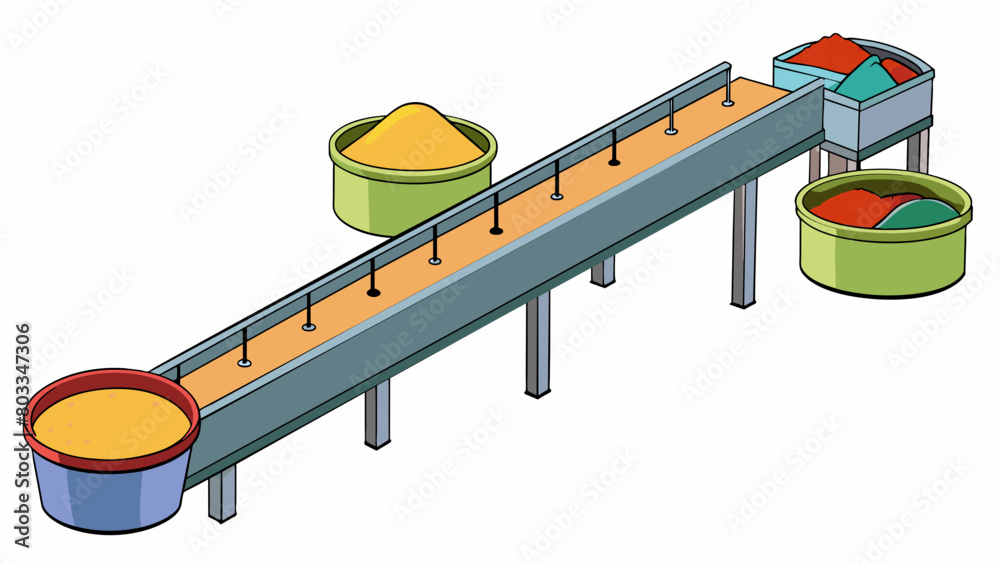 Poster a large conveyor belt structure with mixing stations p at intervals along its length. as the belt mo