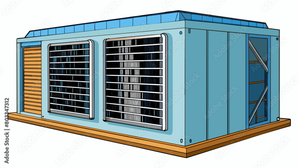 Poster A large boxshaped structure p outside of a building with a series of metal fins and tubes. This is the main unit that cools the air before it is. Cartoon Vector