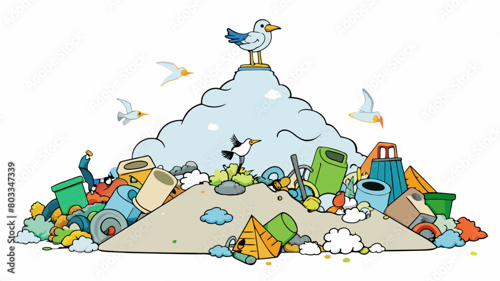 Poster a landfill overflowing with garbage with seagulls picking through piles of trash and scavenging for 