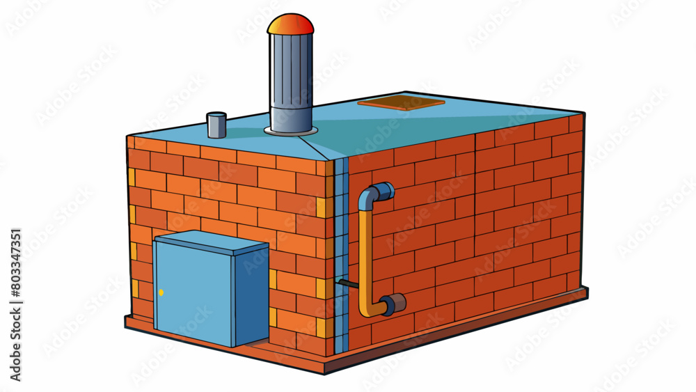 Wall mural a large boxshaped boiler with a long chimney extending from one side. the unit is made of brick and 