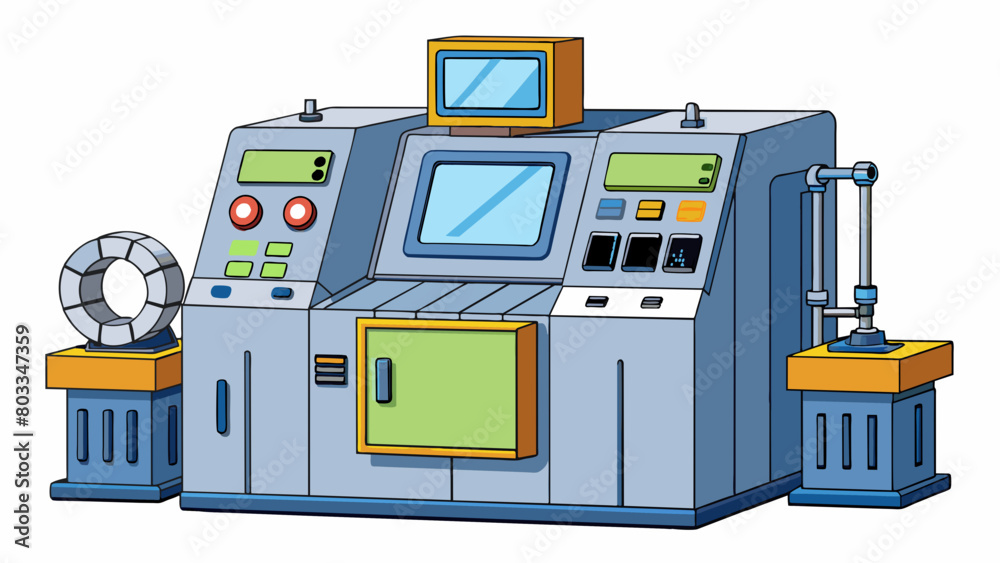 Poster A large bulky machine with various s levers and screens used by engineers to diagnose issues with industrial machinery. The tool has a heavyduty. Cartoon Vector