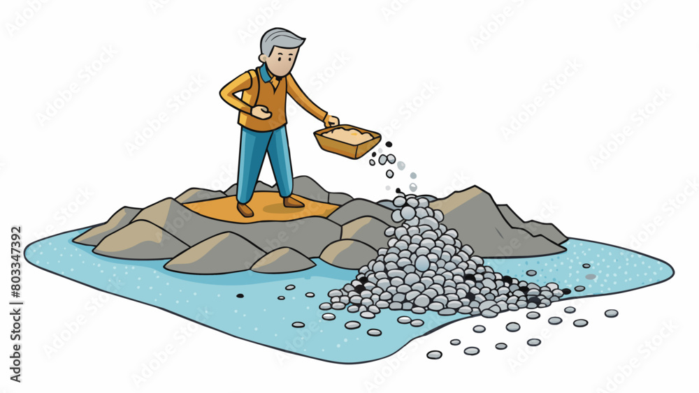 Poster a large flat rock sitting in the middle of a stream with smaller rocks p on top of it. a person stan