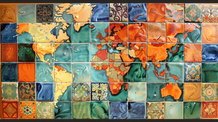 World map made of glass tiles and multi-colored ceramic tiles