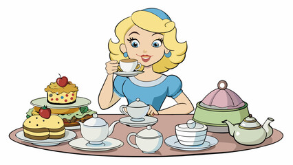 A lady seated at a wooden table sipping tea from a delicate china cup and nibbling on dainty finger sandwiches. She is surrounded by a charming. Cartoon Vector