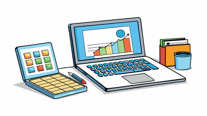 A laptop open on a table with a blank word document and a calculator next to it. The screen is filled with graphs and equations suggesting that the. Cartoon Vector