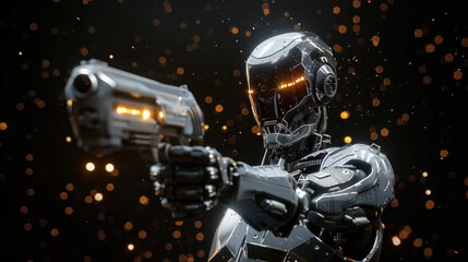 Fototapeta premium Cyborg robot aiming with blaster gun