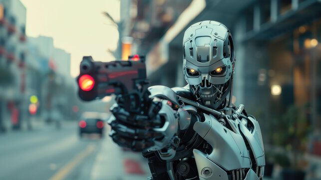 Cyborg robot aiming with blaster gun