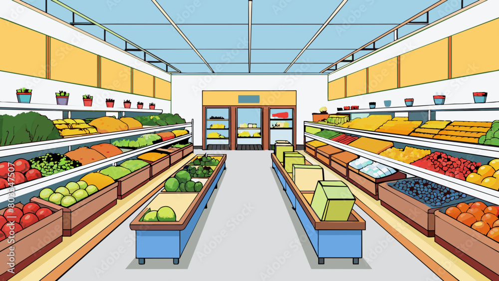 Poster a large grocery store with brightlylit aisles filled with neatly organized shelves and a wide select
