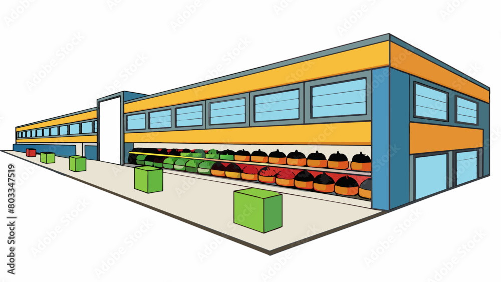 Aufkleber A large rectangular building with a brightly colored sign displaying various fruits and vegetables. Inside there are long aisles lined with shelves. Cartoon Vector