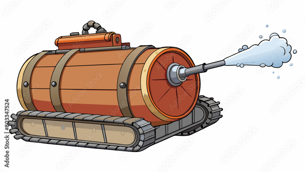 Poster A large metal tank with a rotating nozzle at the top. The tank is filled with foam which is released through the nozzle in a fine mist quickly. Cartoon Vector