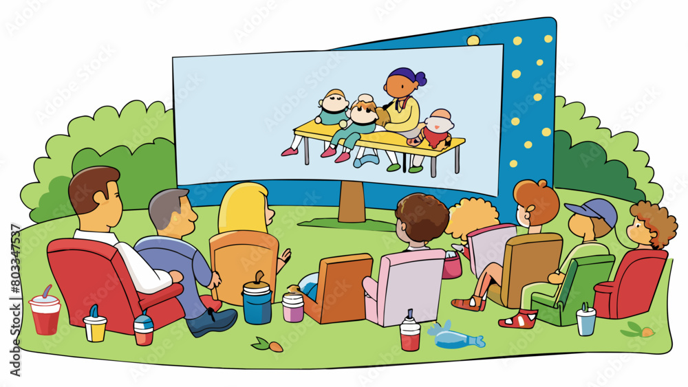 Poster a large screen is set up in a park surrounded by blankets and folding chairs. families and friends s