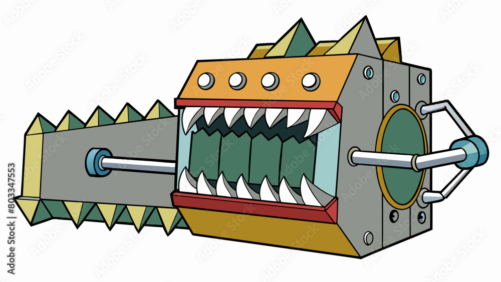 Poster A large metal machine with a wide opening at the top and a series of interlocking teeth inside. The teeth move back and forth crushing anything that. Cartoon Vector