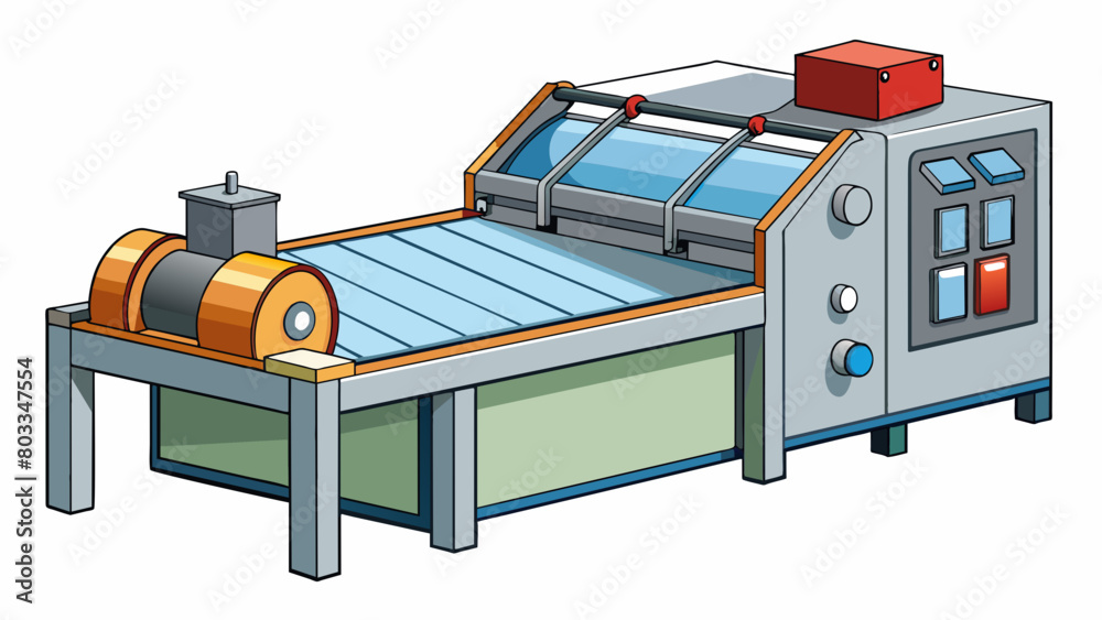 Poster A large metal machine with a conveyor belt and various dials and buttons. It is used for printing ting and folding paper materials with the ability to. Cartoon Vector