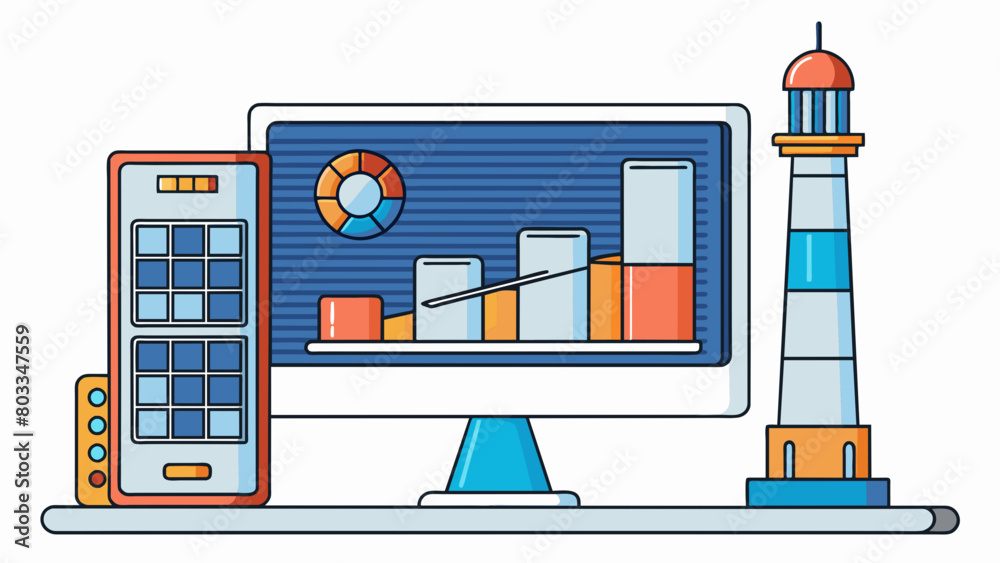 Poster A large rectangular screen with a tower next to it. The screen displays graphics and data while the tower contains the computers processing and. Cartoon Vector
