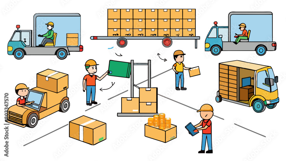 Poster A large warehouse bustling with activity with employees efficiently moving around on forklifts to load and unload pallets of products. Each pallet is. Cartoon Vector