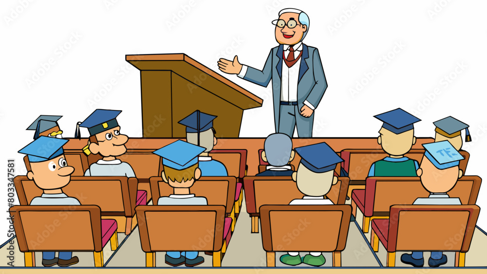 Poster A lecture hall filled with rows of desks and chairs facing a podium where a professor stands at the front eagerly sharing their knowledge.. Cartoon Vector