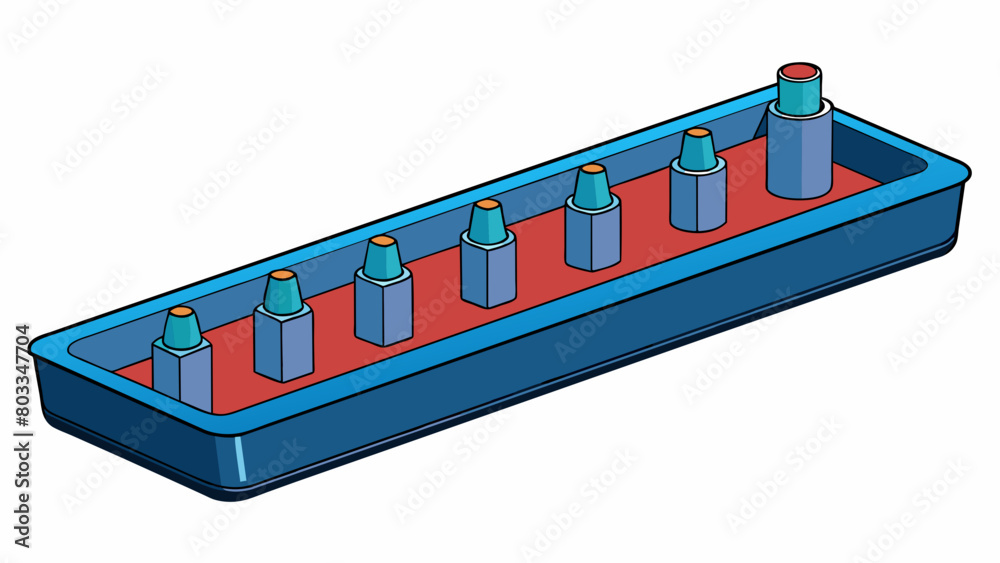 Poster A long plastic tray with raised edges and a series of small pegs in the bottom. It is used to hold small bottles and containers to prevent any spills. Cartoon Vector
