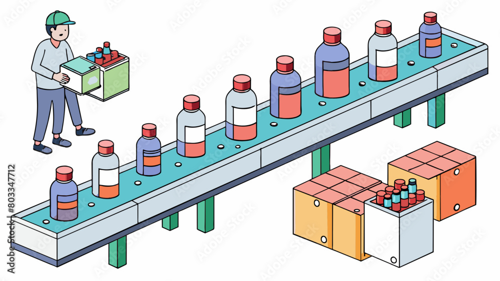 Poster A long conveyor belt carries small bottles through a brightly lit factory while a machine fills each one with a precise amount of liquid medication.. Cartoon Vector