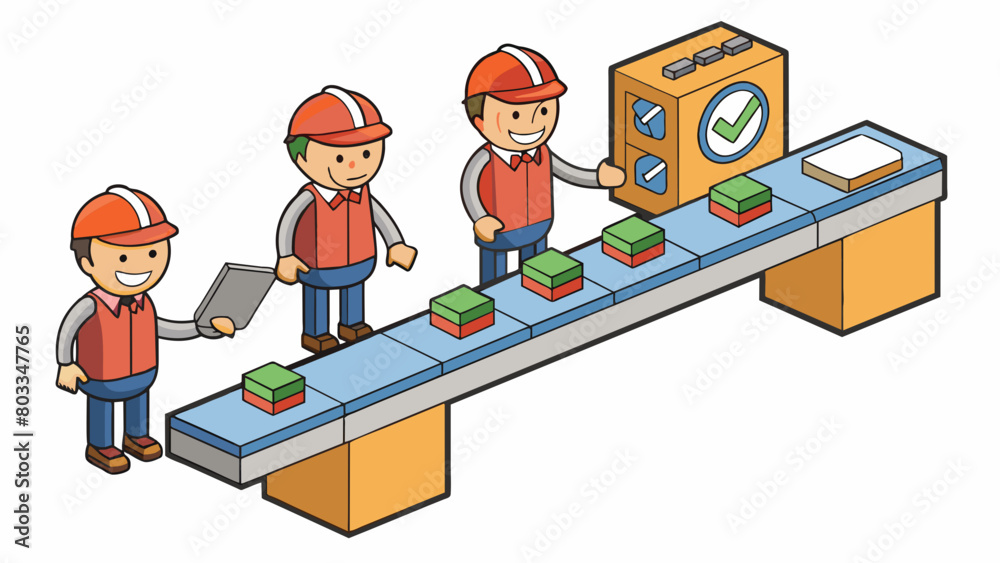 Poster Along the assembly line there are quality control stations where workers inspect each product to ensure it meets the required standards. Defects are. Cartoon Vector