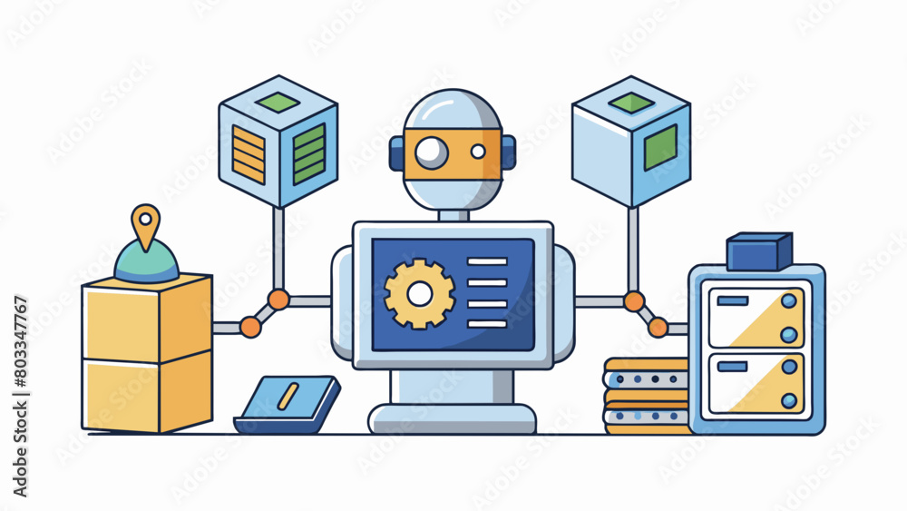 Aufkleber A machine with an embedded AI system that monitors usage and predicts when parts will need to be rep automatically ordering them for delivery before. Cartoon Vector
