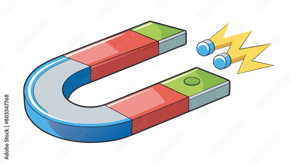Poster a magnet attracting metal objects to its surface displaying its magnetic field. characteristics magn