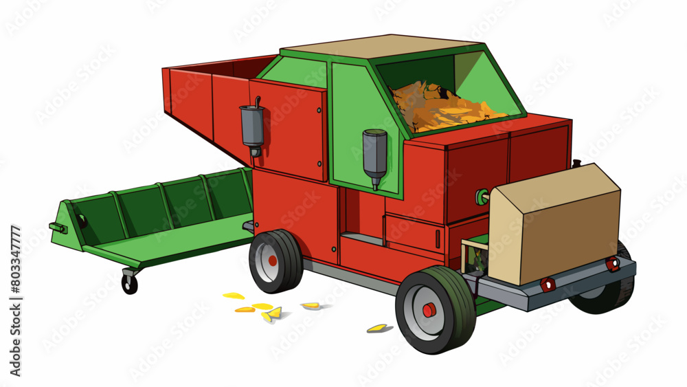 Poster A machine resembling a wood chipper but with multiple sharp blades and a large bin at the bottom. This industrial shredder is used in the forestry. Cartoon Vector