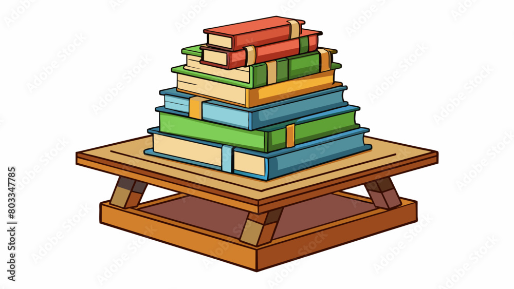 Poster a makeshift platform made of stacked books and wooden planks used for reaching high shelves or objec