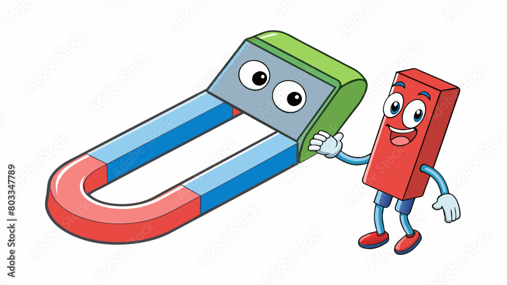 Poster A magnet pulling a paperclip The unseen force between the two objects creates a strong bond with the paperclip hanging onto the magnet.. Cartoon Vector