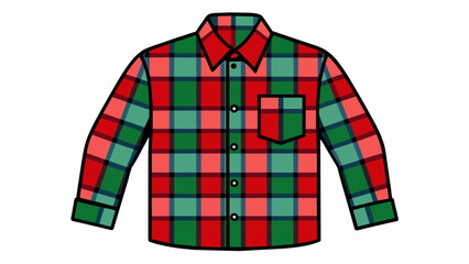 A longsleeved plaid flannel shirt with a relaxed fit perfect for keeping warm on chilly fall days. The fabric is thick and cozy with a mix of red navy. Cartoon Vector