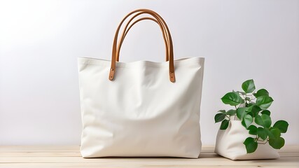 Tote Bag Elegance Mockup,a 3D model of a white shopping bag with a black handle, carry handle, and canvas material A mockup of a white tote bag featuring a blossoming apple tree branch in a white vase
