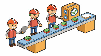 Along the assembly line there are quality control stations where workers inspect each product to ensure it meets the required standards. Defects are. Cartoon Vector