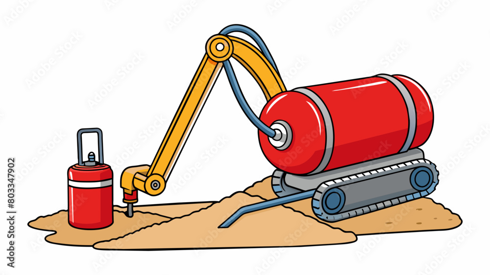 Poster A mediumsized red cylinder with a rounded top and a thin flexible hose connected to a mini digger. The cylinder allows the diggers arm to extend and. Cartoon Vector