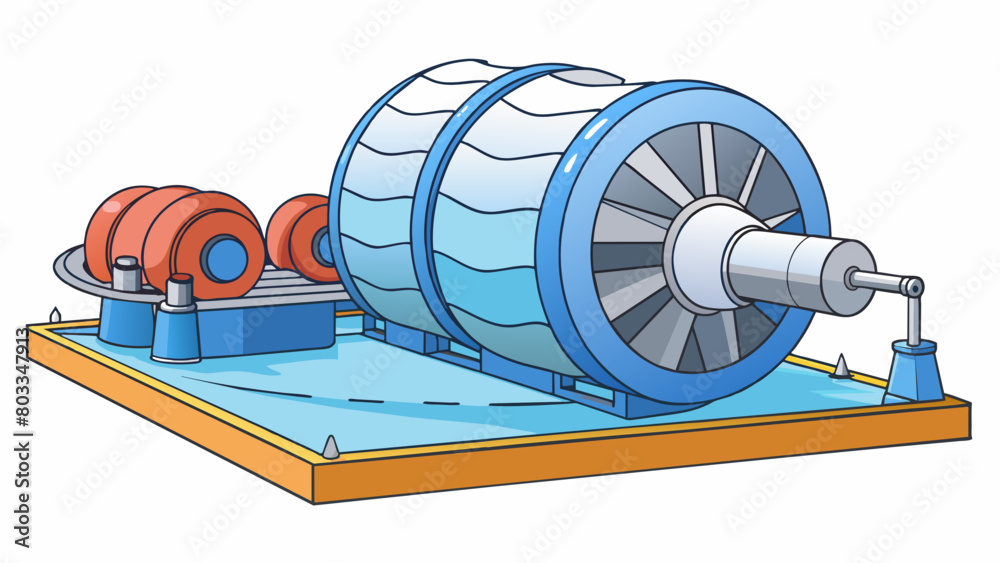Poster a massive steam turbine mounted on a steel frame situated next to a body of water. the turbines blad
