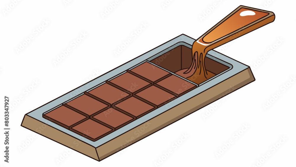 Poster A melting block of chocolate being poured into a rectangular mold filling the crevices and forming a smooth surface as it hardens.. Cartoon Vector