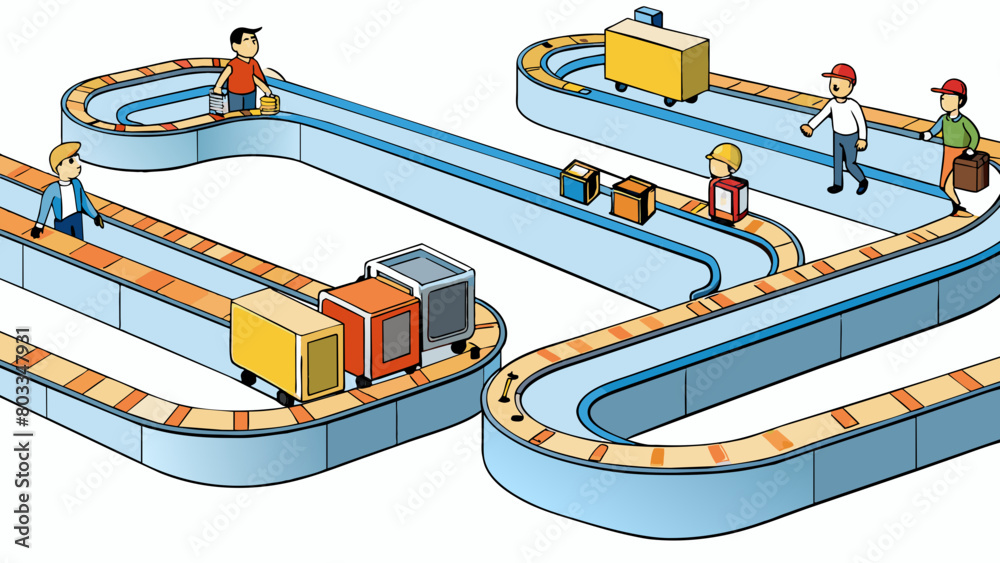 Poster a maze of conveyor belts moving rapidly transporting suitcases and bags of all shapes and sizes to t