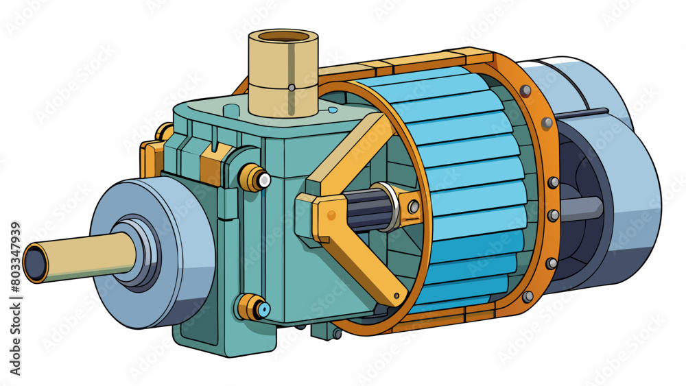 Poster A mediumsized engine with an asymmetric design constructed primarily of aluminum and featuring a sleek streamlined appearance. It runs on a clean. Cartoon Vector